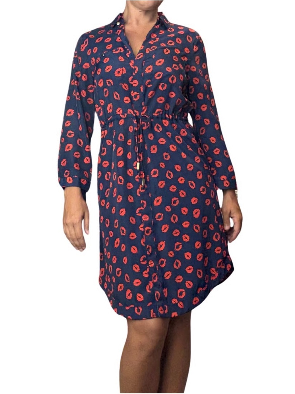 Versona Navy & Red Lip-Print Long Sleeve Shirt Dress 14
